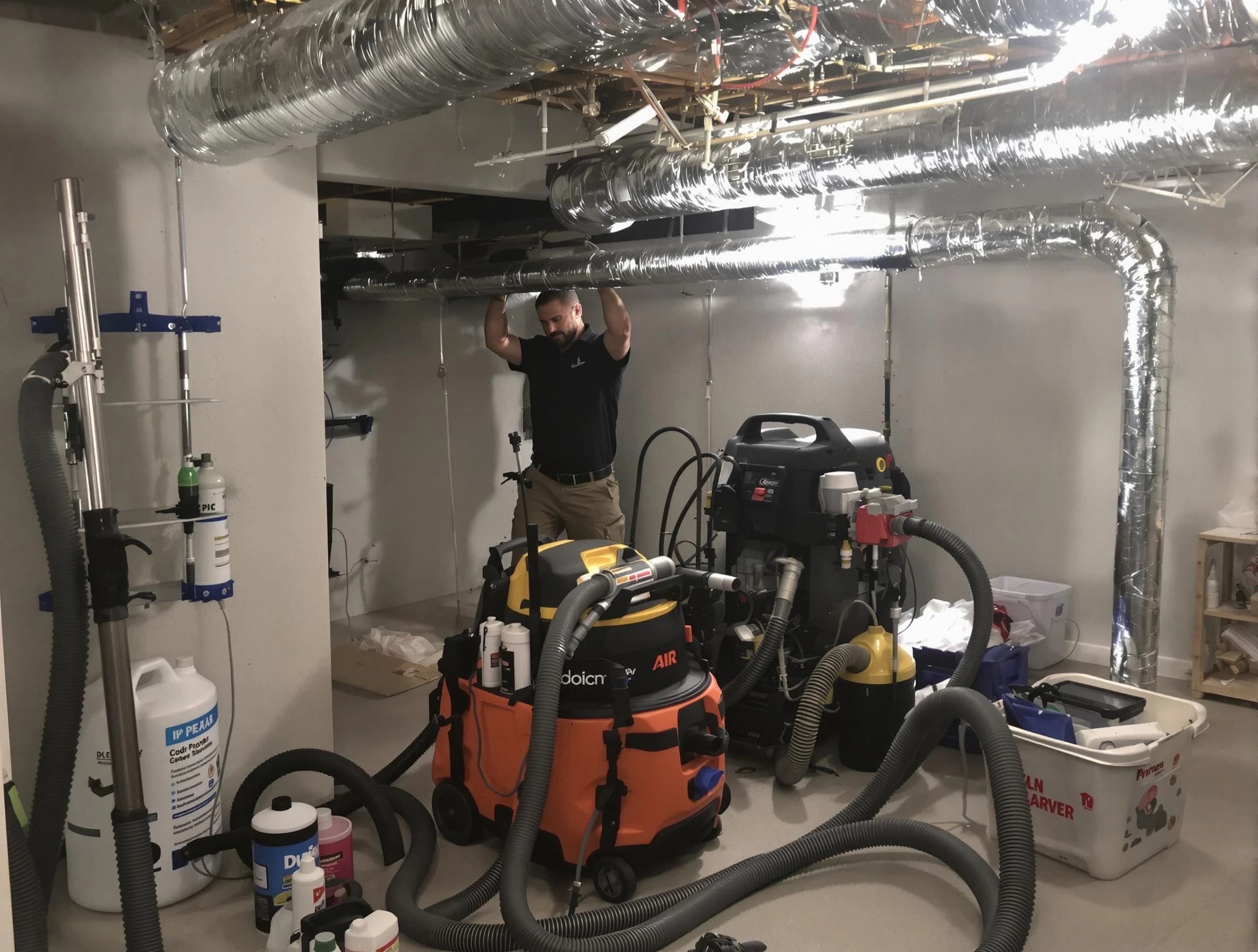 Woods Cross Air Duct Cleaning specialist performing professional mold removal from air ducts using safety equipment in Woods Cross